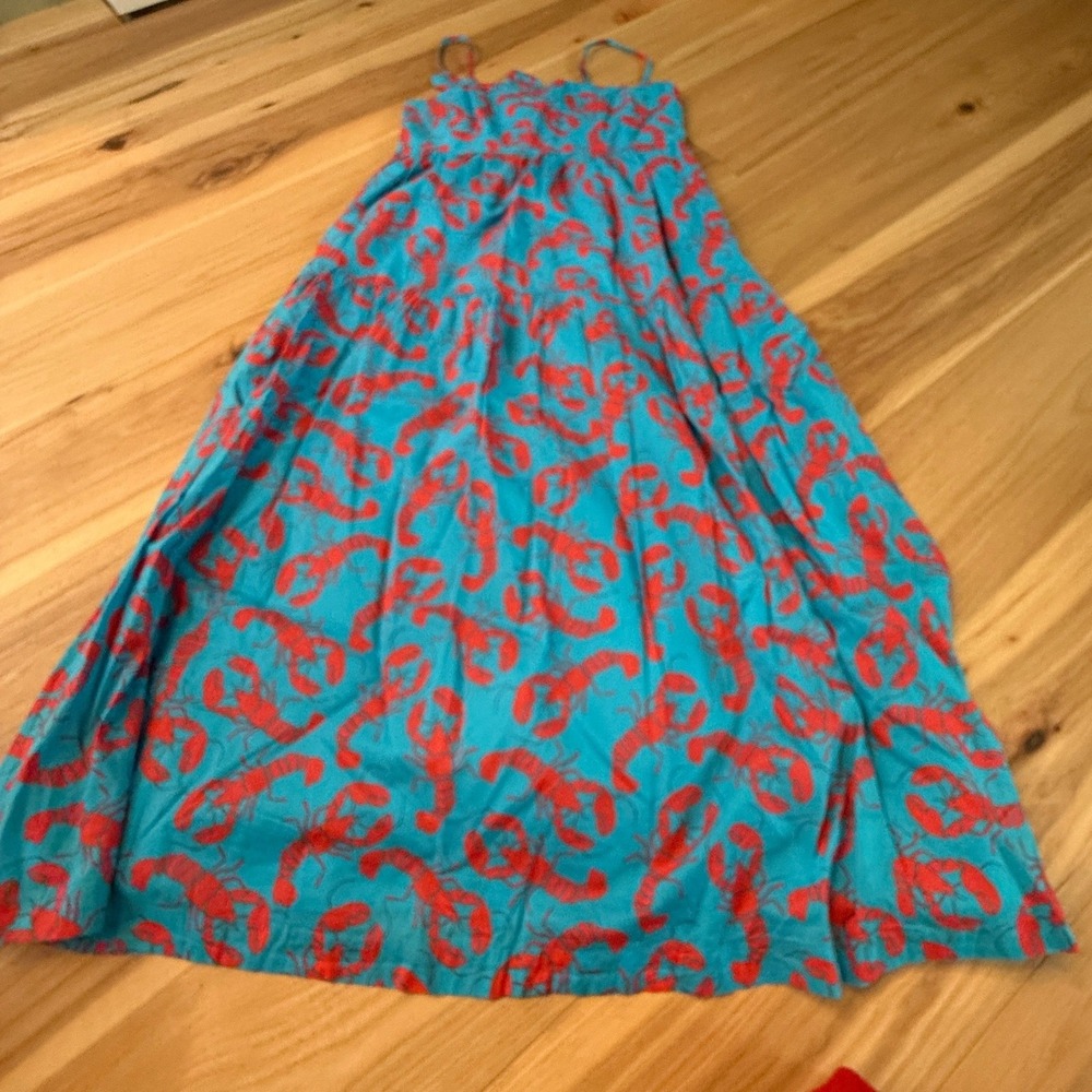 J. Crew Sun Dress Womens 10 Blue Red Lobster Print Bow Back Midi Maxi Coastal